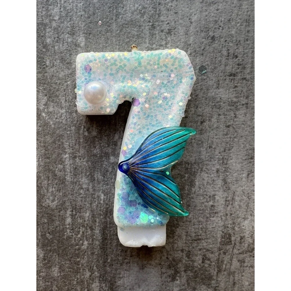 Cake Candle Teal Glitter Cake Topper Girl Little Mermaid Birthday Party 7 USED